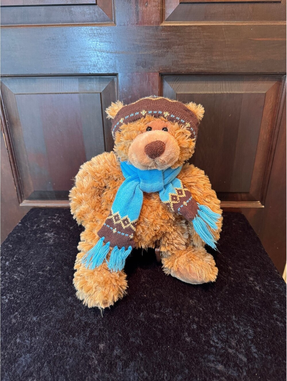 Mary Meyer Bear Plush with Blue and Brown Knit Hat and Scarf 16 inches tall